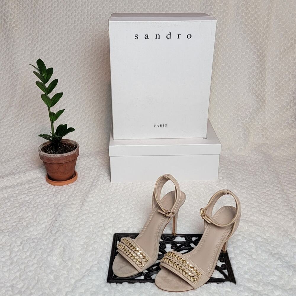 NIB Sandro Nina Chain Strappy Heels in Nude Suede, Sz 36 / US 5-5.5